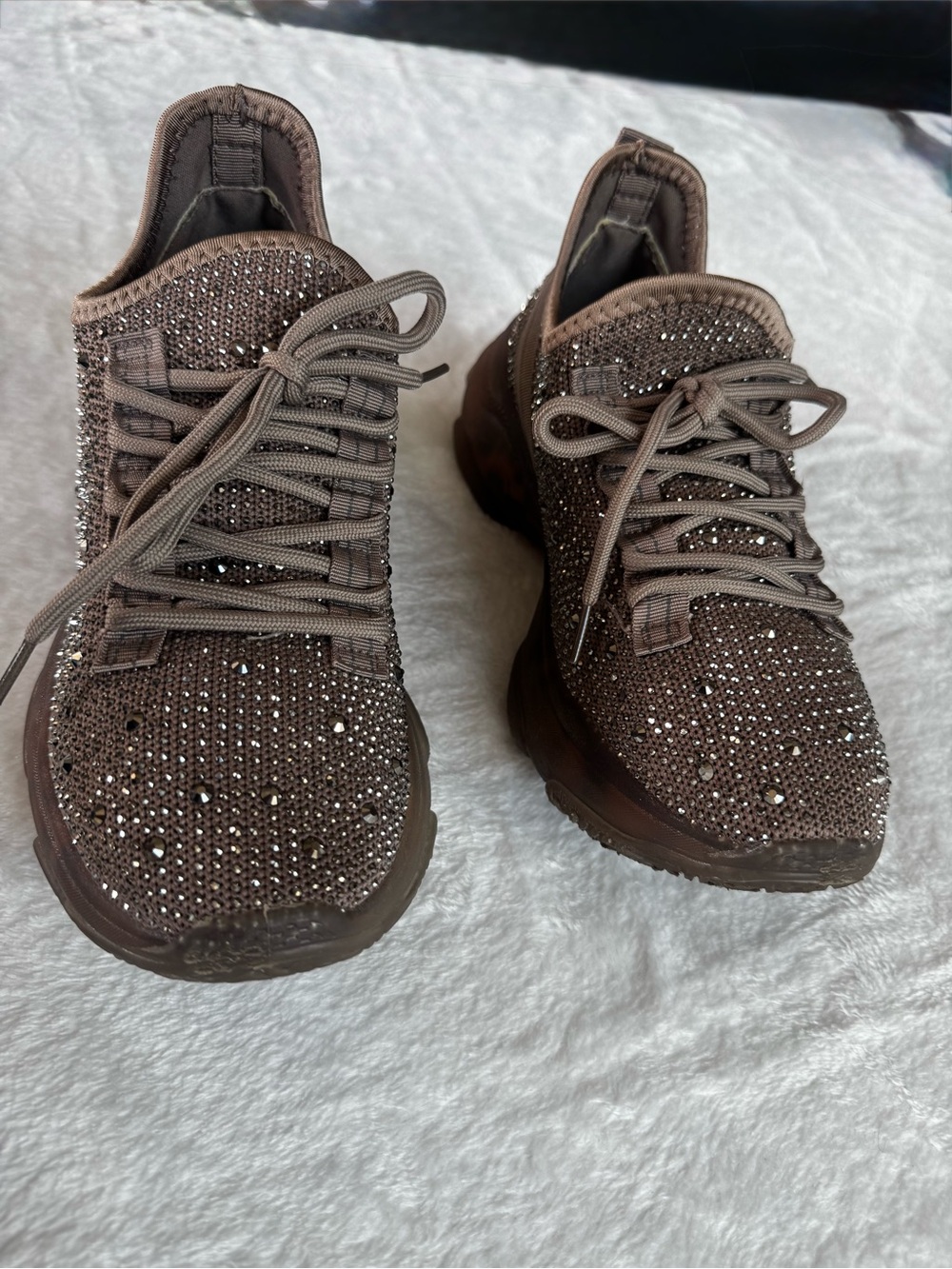 Very G Taupe Brown Rhinestone Knit Lace-Up Sneakers